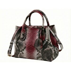 Women's Red/Gray Python‎ Skin Print Tote Handbag Shoulder Bag
